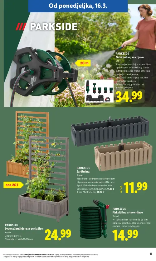 Lidl katalog — stranica 15: PARKSIDE PARKSIDE Zidni bubanj za crijevo, PARKSIDE PARKSIDE Žardinjera, PARKSIDE PARKSIDE Drvena žardinjera za penjačice, PARKSIDE PARKSIDE Fleksibilno vrtno crijevo (vrijedi 23. 02. 2026.–01. 07. 2026.)