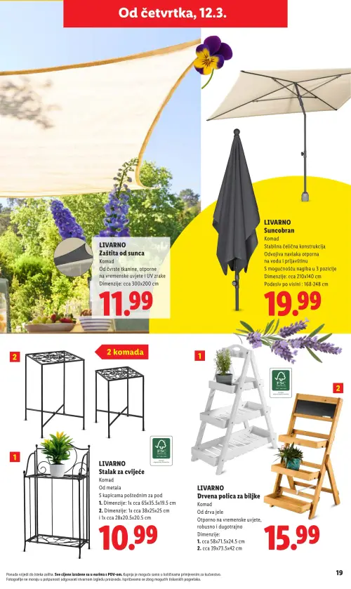 Lidl katalog — stranica 19: LIVARNO LIVARNO Zaštita od sunca, LIVARNO LIVARNO Suncobran, LIVARNO LIVARNO Stalak za cvijeće, LIVARNO LIVARNO Drvena polica za biljke (vrijedi 23. 02. 2026.–01. 07. 2026.)