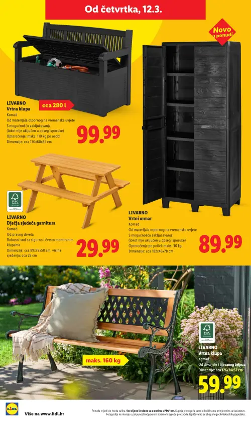 Lidl katalog — stranica 20: LIVARNO Vrtna klupa, LIVARNO Dječja sjedeća garnitura, LIVARNO Vrtni ormar, LIVARNO Vrtna klupa (vrijedi 23. 02. 2026.–01. 07. 2026.)