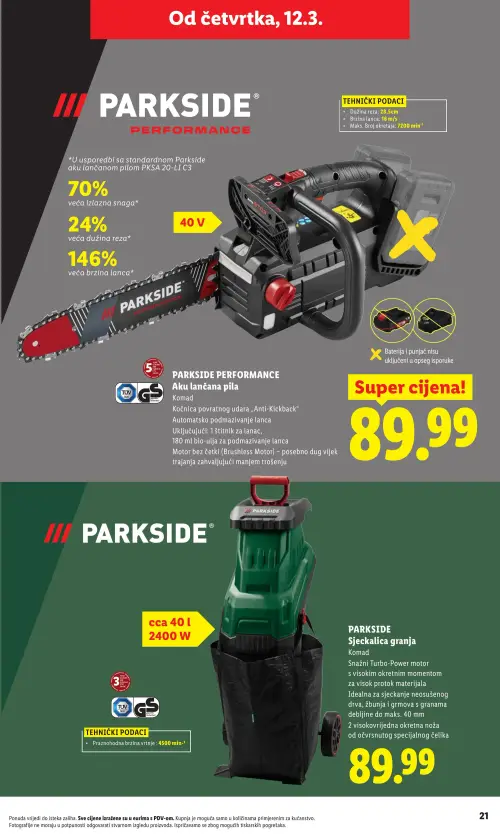 Lidl katalog — stranica 21: PARKSIDE PARKSIDE PERFORMANCE Aku lančana pila, PARKSIDE PARKSIDE Sjeckalica granja (vrijedi 23. 02. 2026.–01. 07. 2026.)