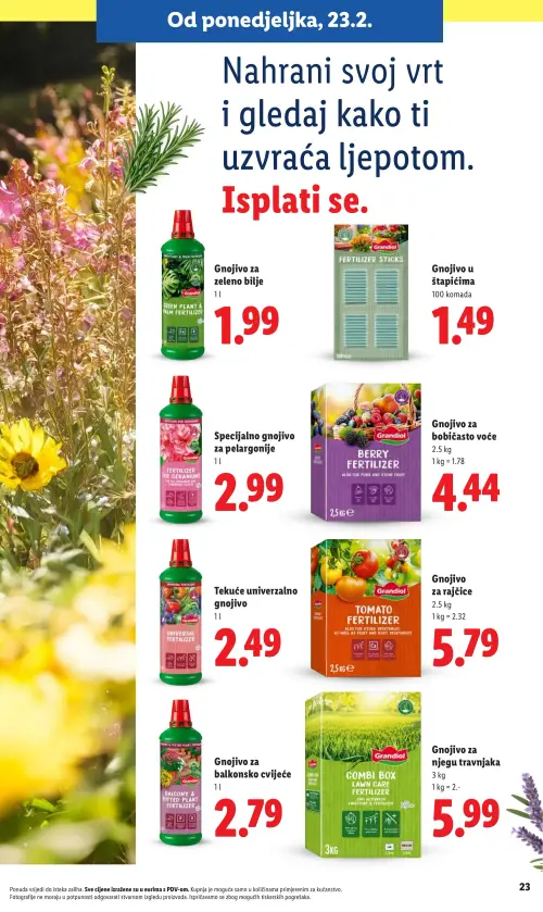 Lidl katalog — stranica 23: Grandirol Gnojivo za zeleno bilje, Gnojivo u štapićima, Grandirol Specijalno gnojivo za pelargonije, Grandirol Gnojivo za bobičasto voće (vrijedi 23. 02. 2026.–01. 07. 2026.)