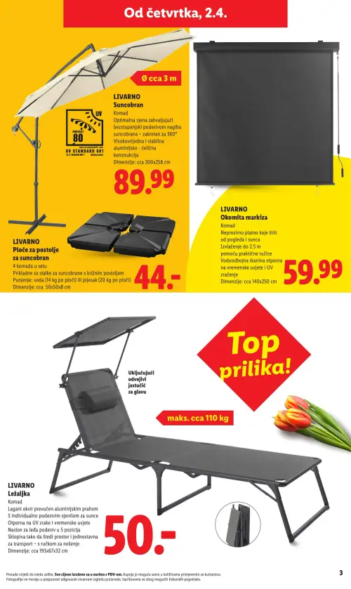 Lidl katalog — stranica 3: LIVARNO Suncobran, LIVARNO Ploče za postolje za suncobran, LIVARNO Okomita markiza, LIVARNO Ležaljka (vrijedi 23. 02. 2026.–01. 07. 2026.)