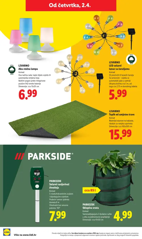 Lidl katalog — stranica 4: LIVARNO LIVARNO Aku stolna lampa, LIVARNO LIVARNO LED solarni lanac sa žaruljama, LIVARNO LIVARNO Tepih od umjetne trave, PARKSIDE PARKSIDE Solarni rastjerivač životinja (vrijedi 23. 02. 2026.–01. 07. 2026.)