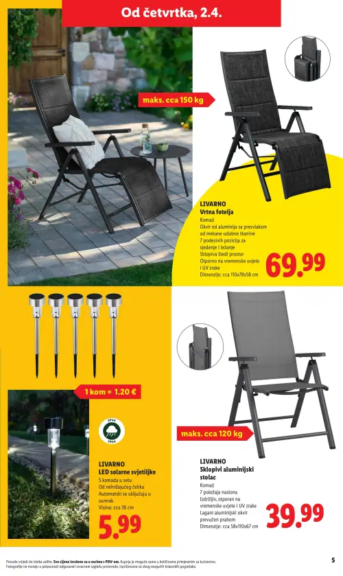 Lidl katalog — stranica 5: LIVARNO Vrtna fotelja, LIVARNO LED solarne svjetiljke, LIVARNO Sklopivi aluminijski stolac (vrijedi 23. 02. 2026.–01. 07. 2026.)