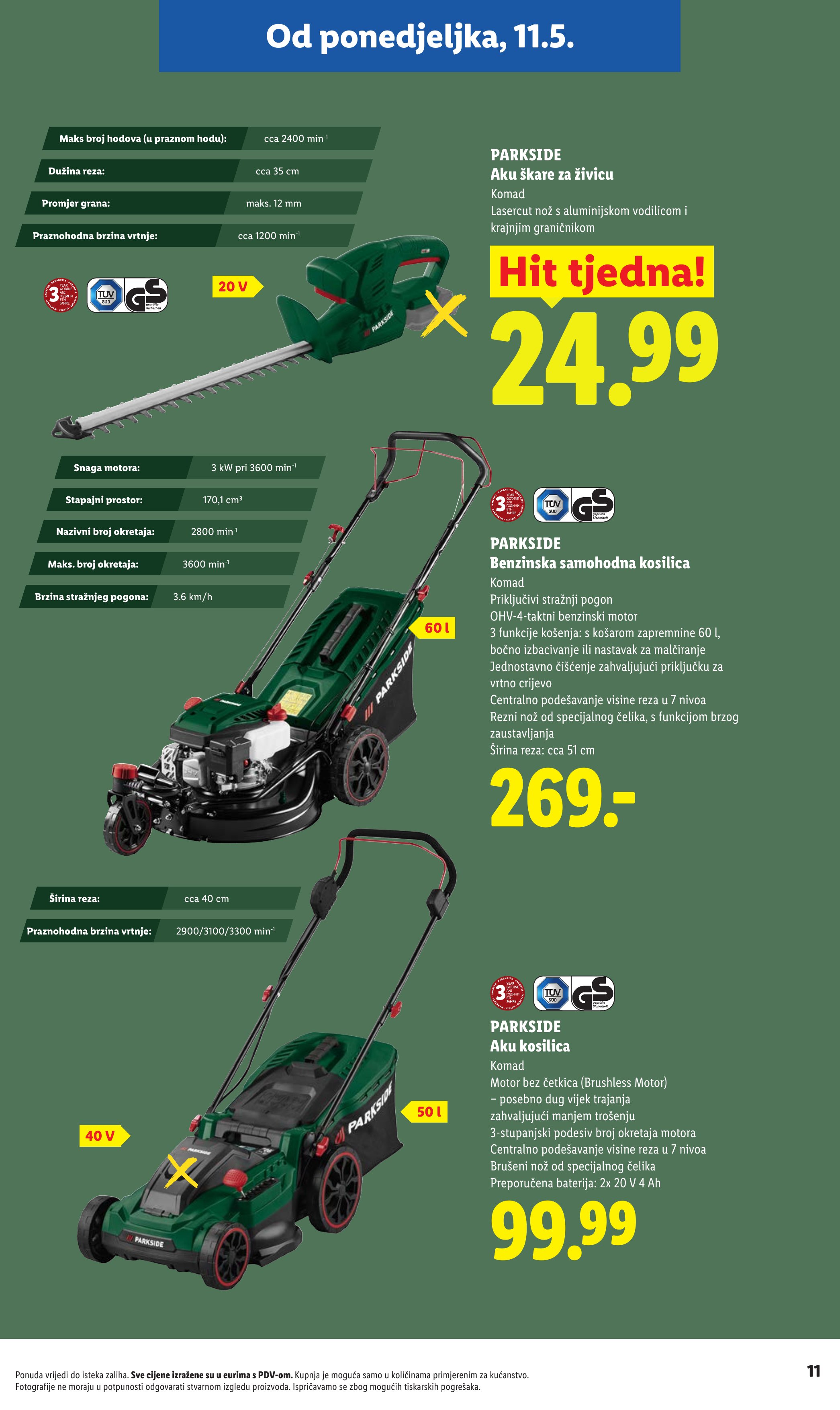 Lidl katalog — stranica 11: PARKSIDE Aku škare za živicu, PARKSIDE Benzinska samohodna kosilica, PARKSIDE Aku kosilica (vrijedi 23. 02. 2026.–19. 06. 2026.)