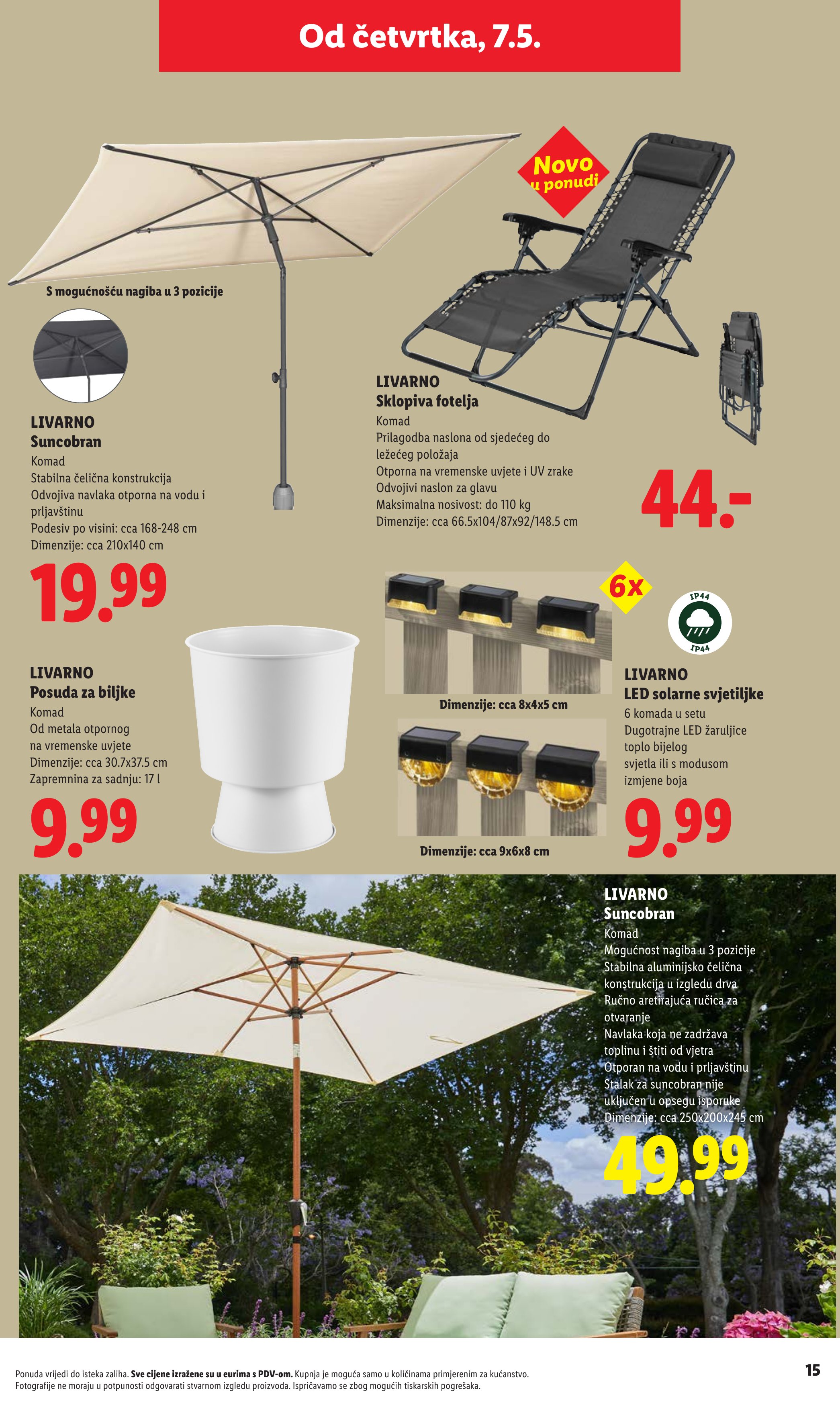 Lidl katalog — stranica 15: LIVARNO LIVARNO Suncobran, LIVARNO LIVARNO Posuda za biljke, LIVARNO LIVARNO Sklopiva fotelja, LIVARNO LIVARNO LED solarne svjetiljke (vrijedi 23. 02. 2026.–19. 06. 2026.)