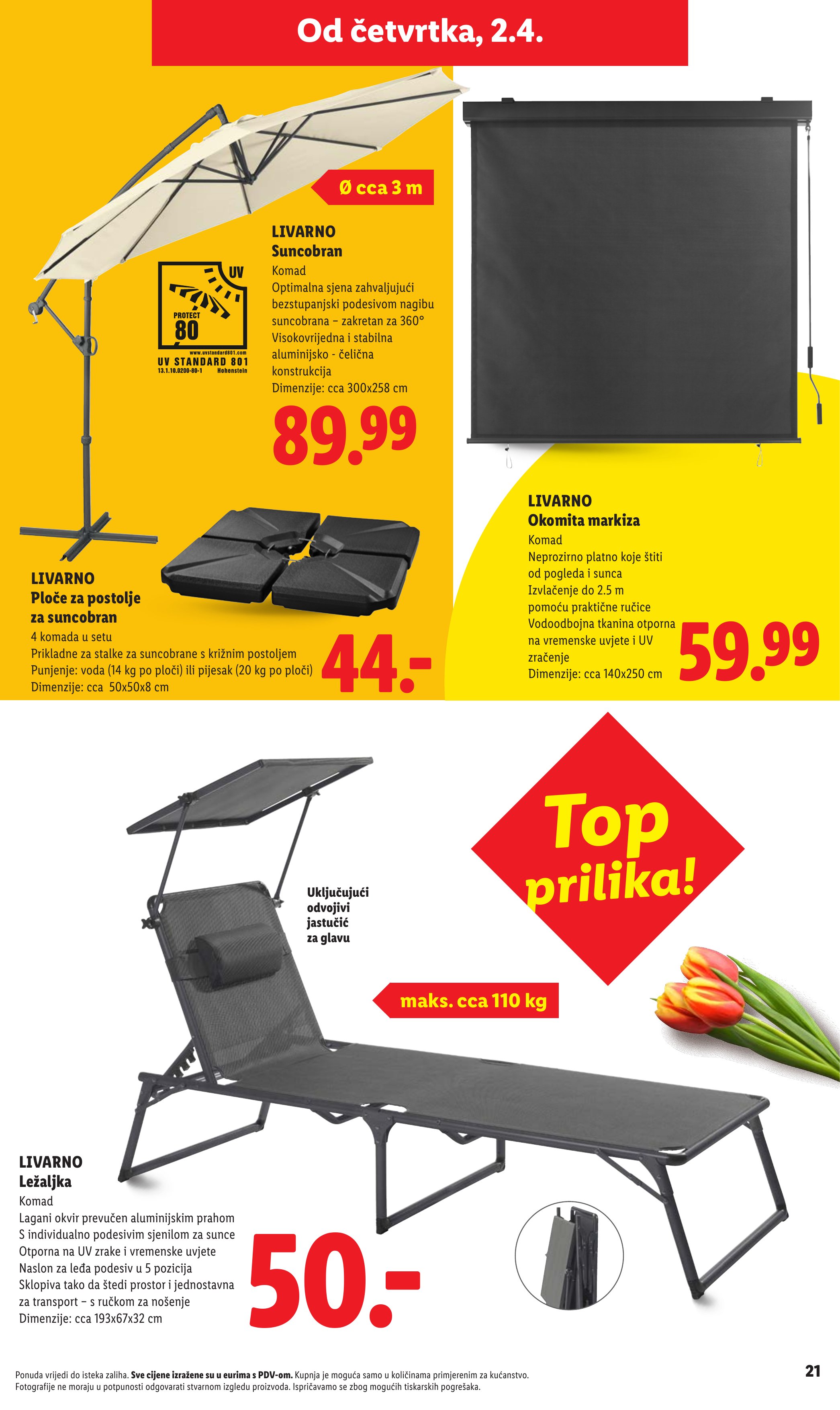 Lidl katalog — stranica 21: LIVARNO LIVARNO Suncobran, LIVARNO LIVARNO Ploče za postolje za suncobran, LIVARNO LIVARNO Okomita markiza, LIVARNO LIVARNO Ležaljka (vrijedi 23. 02. 2026.–19. 06. 2026.)