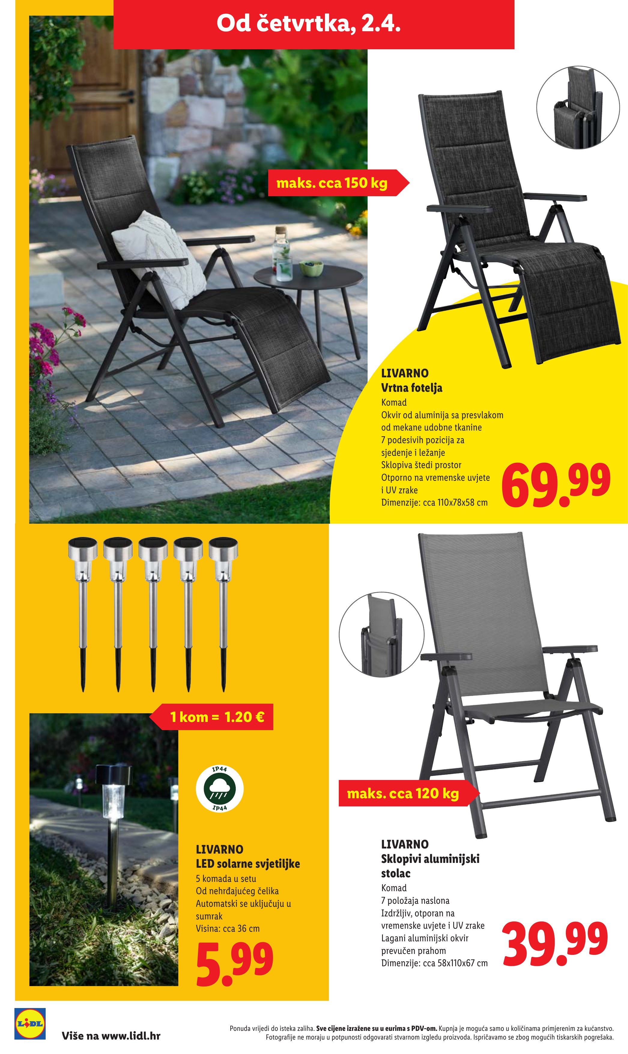 Lidl katalog — stranica 22: LIVARNO Vrtna fotelja, LIVARNO LED solarne svjetiljke, LIVARNO Sklopivi aluminijski stolac (vrijedi 23. 02. 2026.–19. 06. 2026.)
