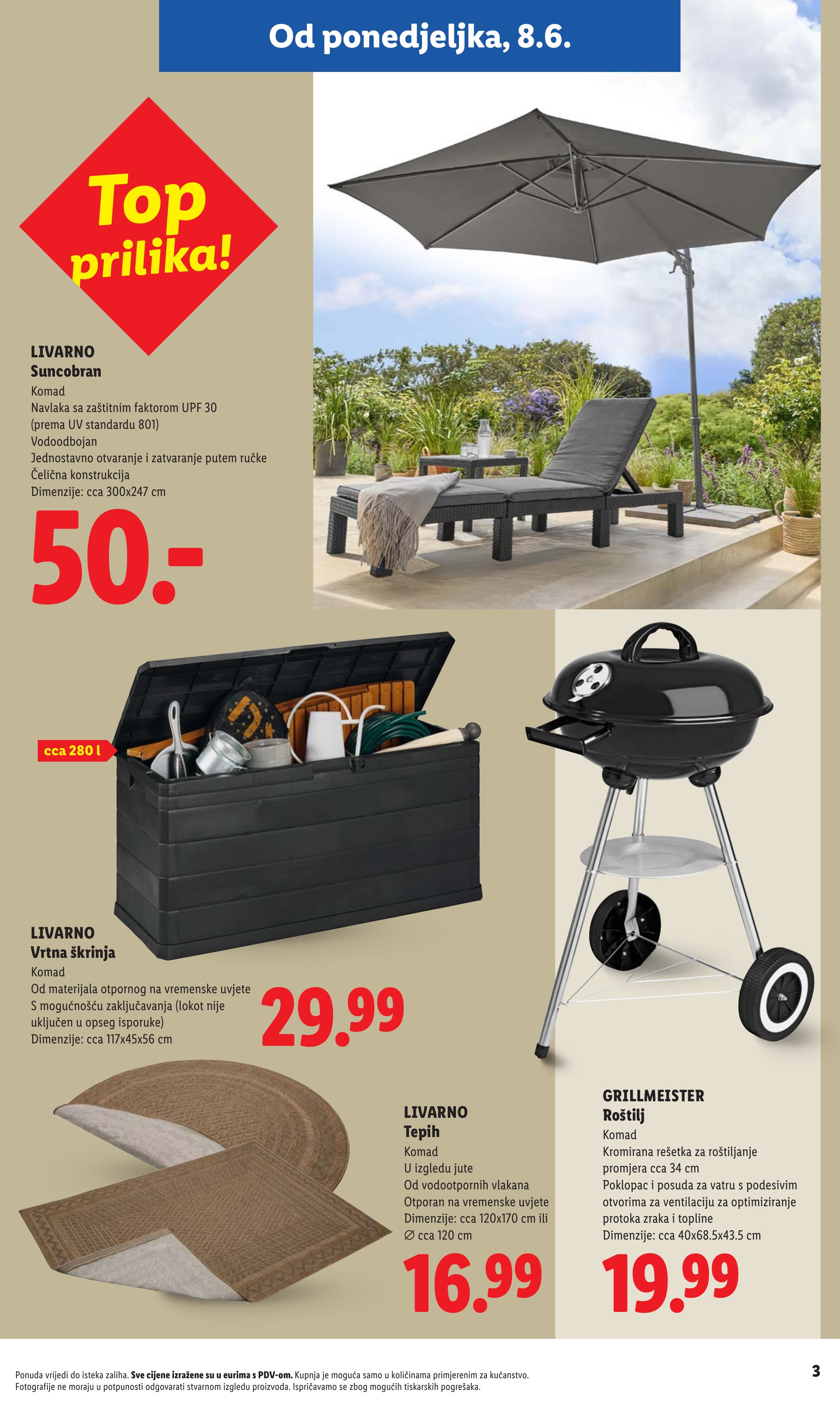 Lidl katalog — stranica 3: LIVARNO Suncobran, LIVARNO Vrtna škrinja, LIVARNO Tepih, GRILLMEISTER Roštilj (vrijedi 23. 02. 2026.–19. 06. 2026.)