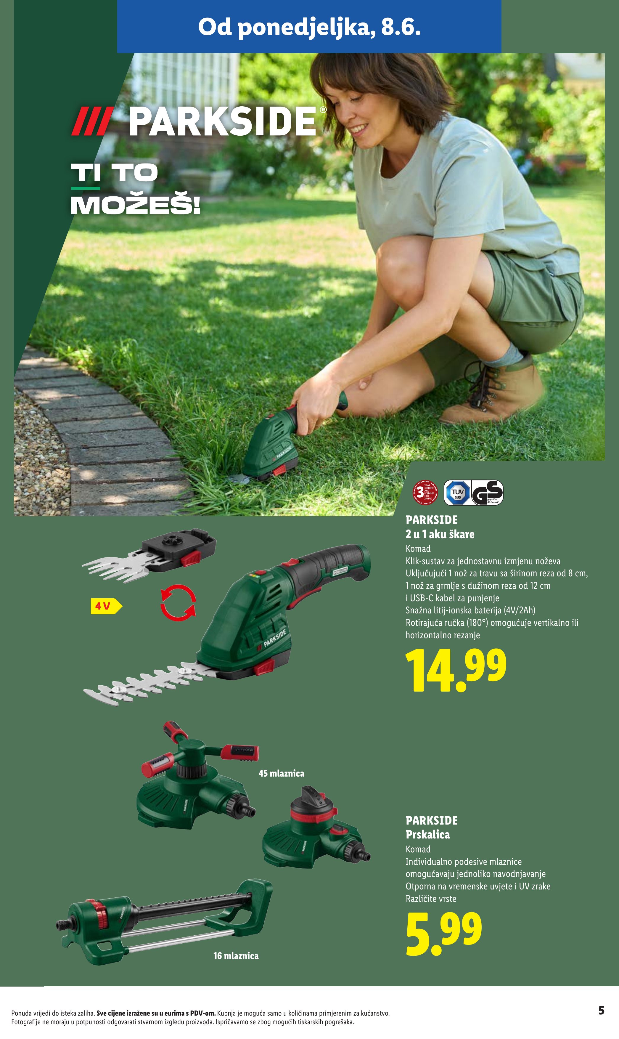 Lidl katalog — stranica 5: PARKSIDE PARKSIDE 2 u 1 aku škare, PARKSIDE PARKSIDE Prskalica, PARKSIDE PARKSIDE Prskalica (vrijedi 23. 02. 2026.–19. 06. 2026.)