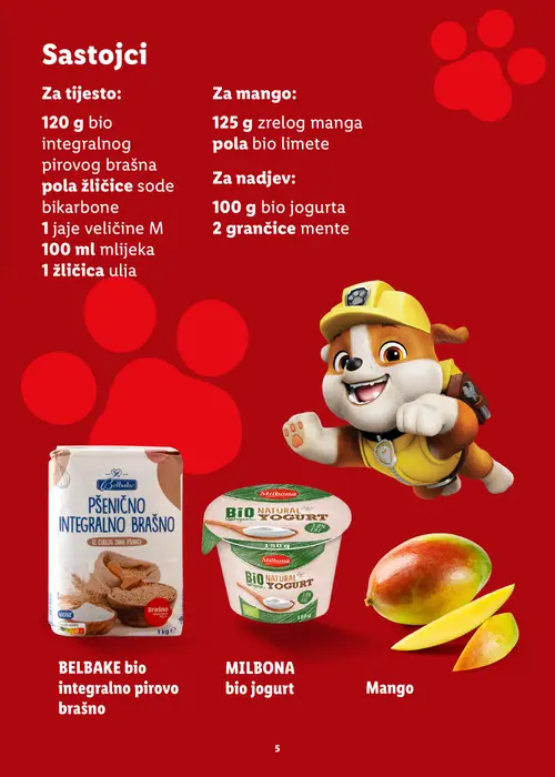 Lidl katalog — stranica 5: BELBAKE Pšenično integralno brašno, Milbona Bio Natural Yogurt, Mango (vrijedi 20. 07. 2026.–30. 08. 2026.)