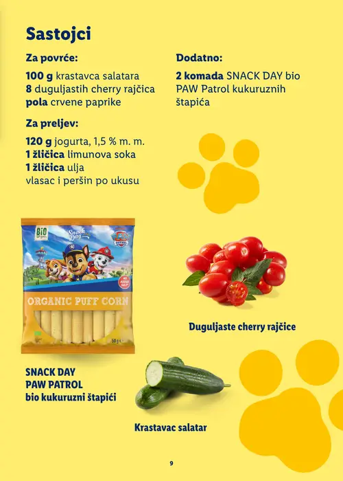 Lidl katalog — stranica 9: SNACK DAY SNACK DAY bio kukuruzni štapići, Duguljaste cherry rajčice, Krastavac salatar (vrijedi 20. 07. 2026.–30. 08. 2026.)