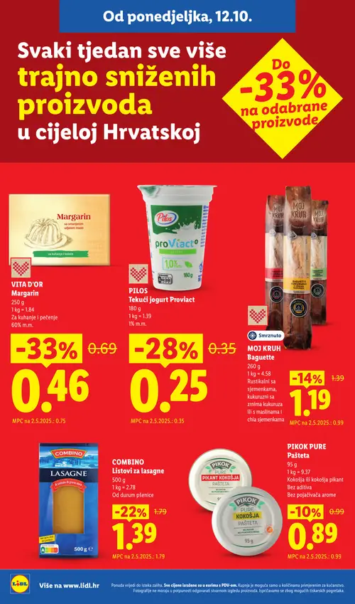 Lidl katalog — stranica 2: VITA D'OR Margarin, PILOS Tekući jogurt Proviact, COMBINO Listovi za lasagne, MOJ KRUH Baguette Rustikalni sa sjemenkama, kukuruzni sa zrima kukuruza ili s maslinama i chia sjemenkama (vrijedi 05.10.–20.12.2026.)