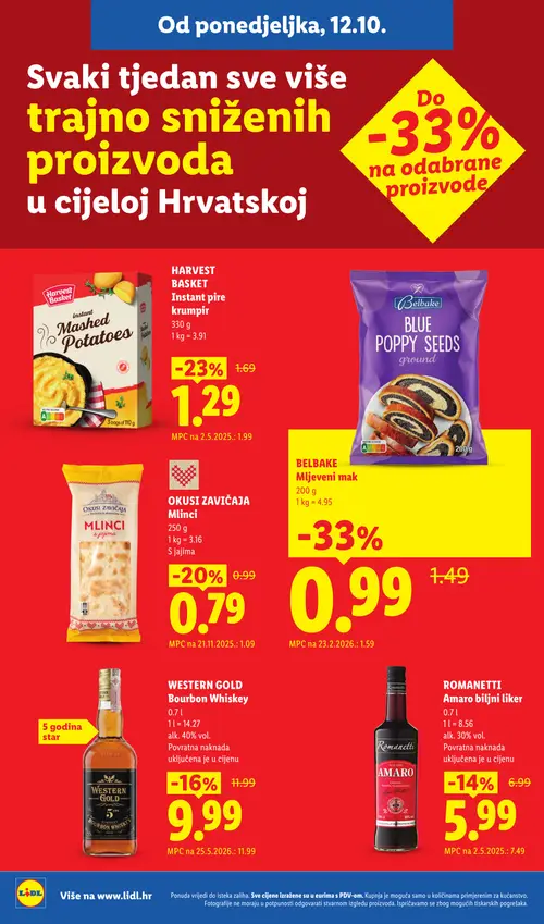 Lidl katalog — stranica 4: Harvest Basket Instant pire krumpir, Belbake Mlječeni mak, OKUSI ZAVIČAJA Mlinci s jajima, Romanetti Amaro biljni liker (vrijedi 05.10.–20.12.2026.)