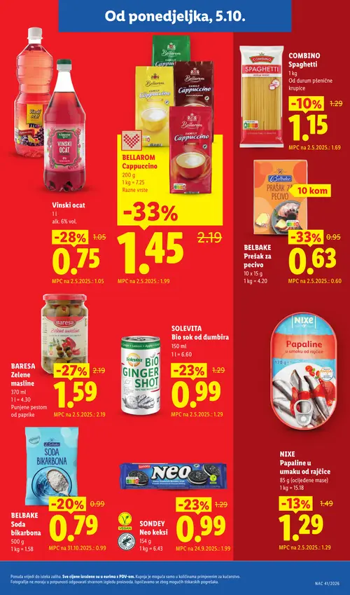 Lidl katalog — stranica 5: Bellarom Cappuccino, BELBAKE PrešaK za pecivo, Vinski ocat, BARESA Zelene masline (vrijedi 05.10.–20.12.2026.)
