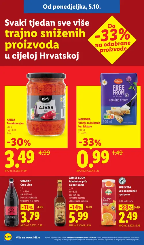 Lidl katalog — stranica 6: MILBONA Vrhnje za kuhanje bez laktoze, KANIA Premium ajvar, SOLEVITA Sok od naranče s pulpom, JAMES COOK Alkoholno piće na bazi ruma (vrijedi 05.10.–20.12.2026.)