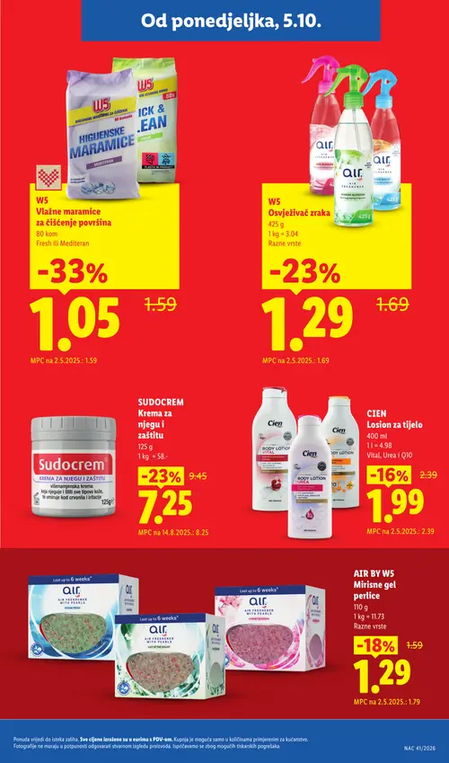 Lidl katalog — stranica 7: W5 Vlažne maramice za čišćenje površina, W5 Osvježivač zraka, Sudocrem krema za njegu i zaštitu, AIR BY W5 Mirisne gel perlice (vrijedi 05.10.–20.12.2026.)