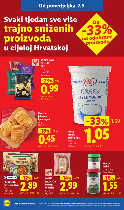 Lidl katalog — stranica 10: Pilos Grčki stil jogurt, Snack Day/Deluxe Kettle Chips, Jabuke s pudingom, Kania Začini Vlasac ili peršin (vrijedi 28. 09. 2026.–04. 10. 2026.)