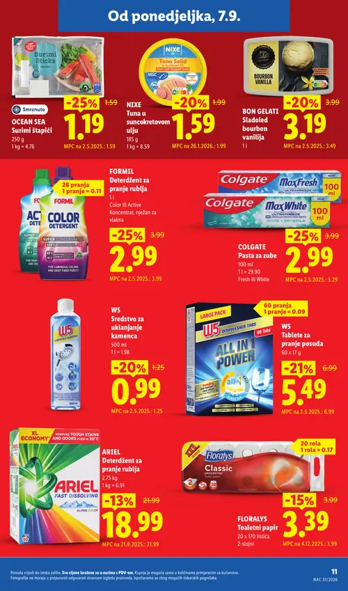 Lidl katalog — stranica 11: ARIEL Deterdzent za pranje rublja, OCEAN SEA Surimi štapići, COLGATE Pasta za zube, FORMIL Deterdzent za pranje rublja (vrijedi 28. 09. 2026.–04. 10. 2026.)