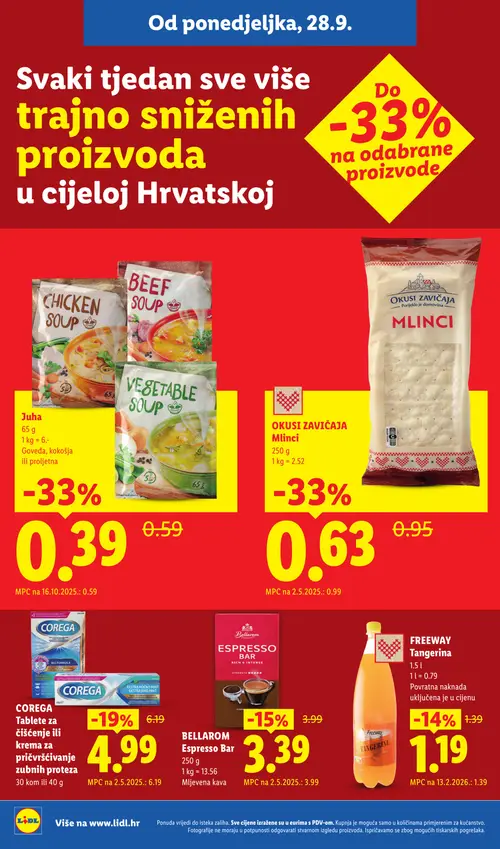 Lidl katalog — stranica 2: Juha Chicken Soup, Okusi Zavičaja Mlinci, COREGA Tablete za čišćenje ili krema za pričvršćivanje zubnih proteza, BELLAROM Espresso Bar (vrijedi 28. 09. 2026.–04. 10. 2026.)