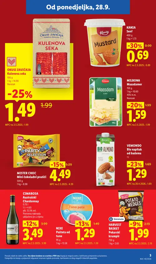 Lidl katalog — stranica 3: KANIA Senf, OKUSI ZAVIČAJA Kulenova seka, VEMONDO Bio napitak od badema, MILBONA Maasdamer (vrijedi 28. 09. 2026.–04. 10. 2026.)