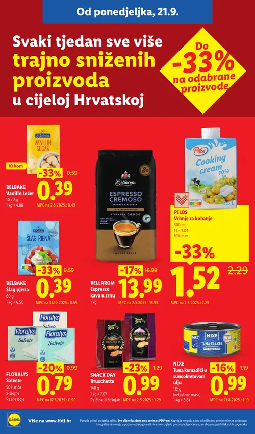 Lidl katalog — stranica 4: BELBAKE Vanilin šećer, BELBAKE Šlag pjena, Pilos Cooking cream 10% masnoće, SNACK DAY Bruschette Rajčica ili češnjak (vrijedi 28. 09. 2026.–04. 10. 2026.)