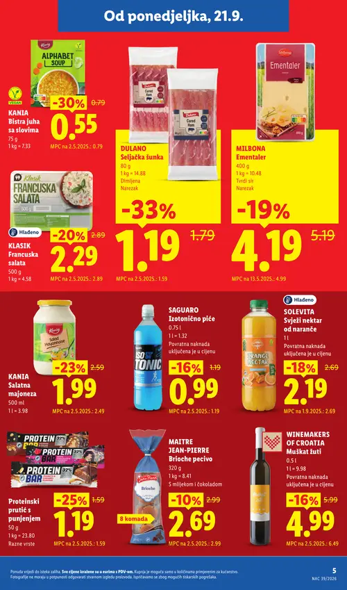 Lidl katalog — stranica 5: DULANO Seljačka šunka, KANIA Bistra juha sa slovima, Proteinski prutić s punjenjem, KANIA Salata majoneza (vrijedi 28. 09. 2026.–04. 10. 2026.)