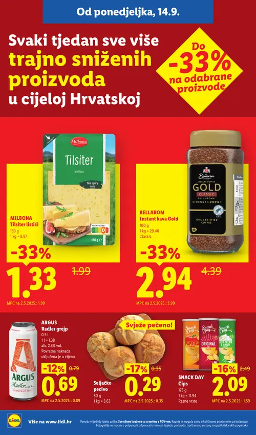 Lidl katalog — stranica 6: MILBONA Tilsiter listići, BELLAROM Instant kava GOLD CLASSIC, Seljačko pecivo, SNACK DAY Čips (vrijedi 28. 09. 2026.–04. 10. 2026.)
