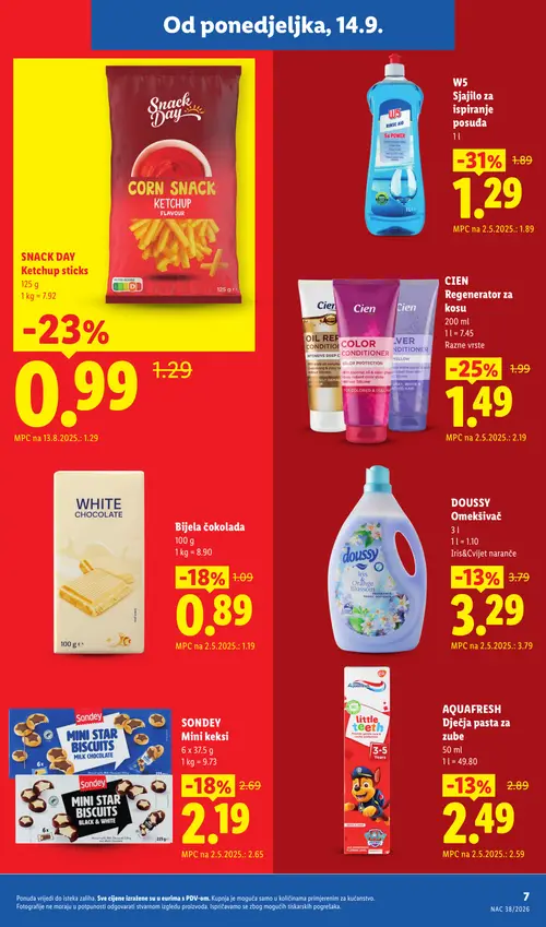 Lidl katalog — stranica 7: W5 Sjajilo za ispiranje posuđa, CIEN Regenerator za kosu, SNACK DAY Ketchup sticks, SONDEY Mini keksi (vrijedi 28. 09. 2026.–04. 10. 2026.)