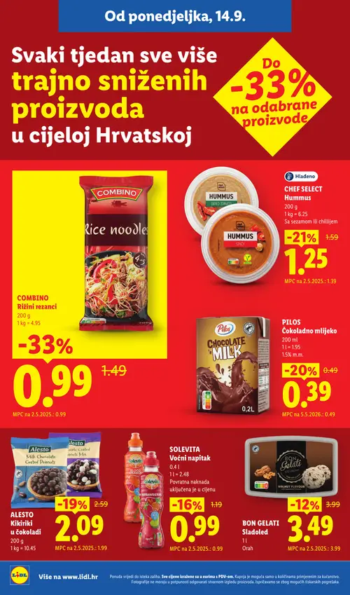 Lidl katalog — stranica 8: COMBINO Rižini rezanci, CHEF SELECT Hummus, PILOS Čokoladno mlijeko, ALESTO Kikiriki u čokoladi (vrijedi 28. 09. 2026.–04. 10. 2026.)