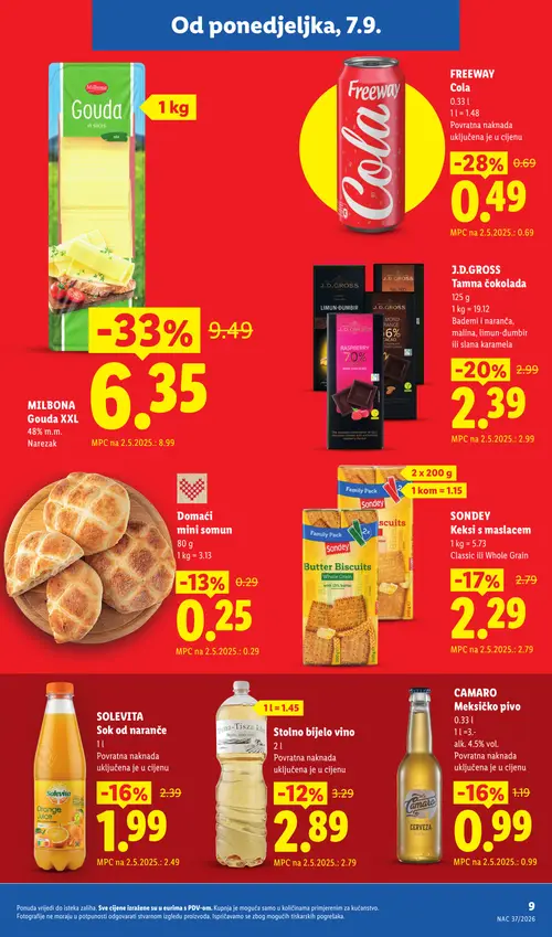 Lidl katalog — stranica 9: Milbona Gouda u kriškama, Freeway Cola, J.D.GROSS Tamna čokolada, SOLEVITA Sok od naranče (vrijedi 28. 09. 2026.–04. 10. 2026.)