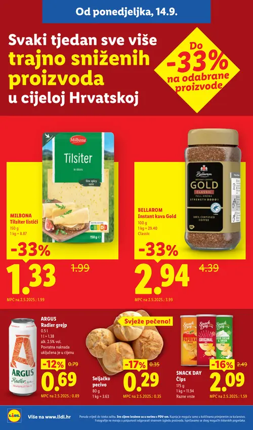 Lidl katalog — stranica 10: MILBONA Tilsiter listići, BELLAROM Instant kava Gold Classic, Seljačko pecivo, SNACK DAY Čips (vrijedi 05.10.–20.12.2026.)