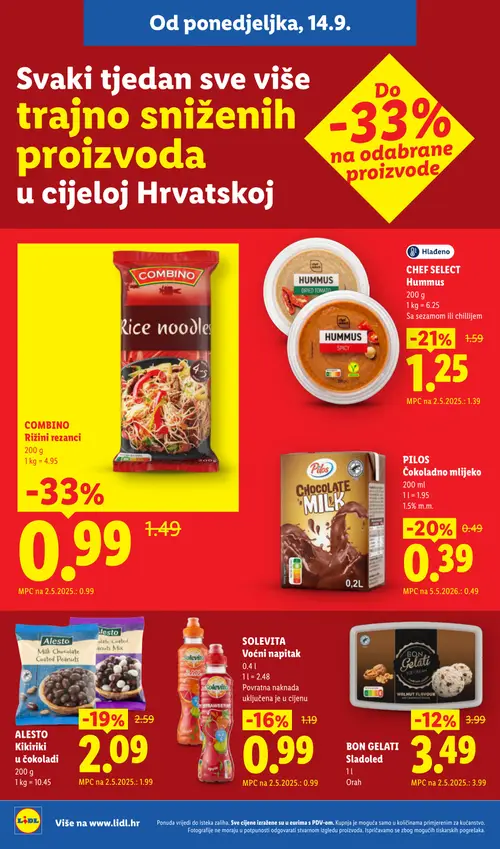 Lidl katalog — stranica 12: COMBINO Rižini rezanci, CHEF SELECT Hummus Sa sezamom ili chillijem, PILOS Čokoladno mlijeko, ALESTO Kikiriki u čokoladi (vrijedi 05.10.–20.12.2026.)