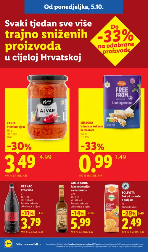 Lidl katalog — stranica 2: MILBONA Vrhnje za kuhanje bez laktoze, KANIA Premium ajvar, SOLEVITA Sok od naranče s pulpom, JAMES COOK Alkoholno piće (vrijedi 05.10.–20.12.2026.)
