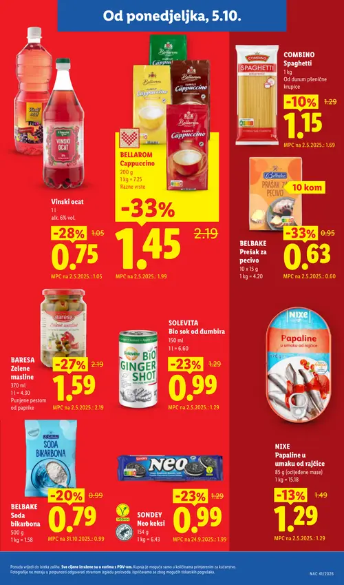 Lidl katalog — stranica 3: Bellarom Cappuccino, BELBAKE Prešak za pecivo, Vinski ocat, BARESA Zelene masline (vrijedi 05.10.–20.12.2026.)