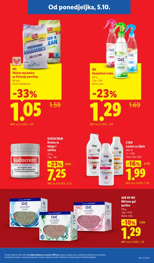 Lidl katalog — stranica 5: W5 Vlažne maramice za čišćenje površina Mediteran, W5 Osvježivač zraka, Sudocrem Krema za njegu i zaštitu, AIR BY W5 Mirisne gel perlice (vrijedi 05.10.–20.12.2026.)
