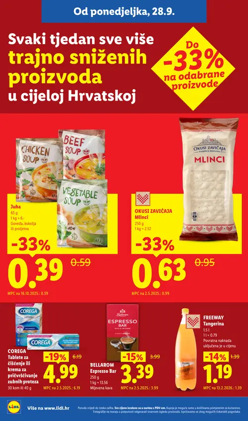Lidl katalog — stranica 6: Juha, OKUSI ZAVIČAJA Mlinci, COREGA Tablete za čišćenje ili krema za pričvršćivanje zubnih proteza, BELLAROM Espresso Bar (vrijedi 05.10.–20.12.2026.)