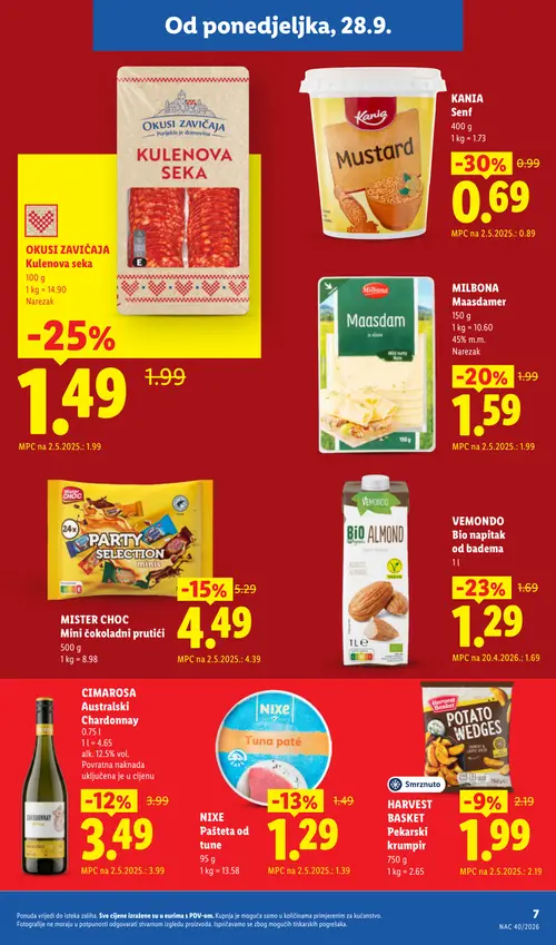 Lidl katalog — stranica 7: KANIA Senf, OKUSI ZAVIČAJA Kulenova seka narezak, VEMONDO Bio napitak od badema, MILBONA Maasdamer (vrijedi 05.10.–20.12.2026.)