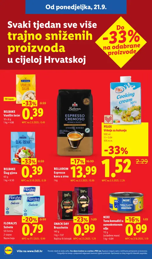 Lidl katalog — stranica 8: BELBAKE Šlag pjena, BELBAKE Vanilin šećer, PILOS Cooking cream 10% masnoće, SNACK DAY Bruschette (vrijedi 05.10.–20.12.2026.)