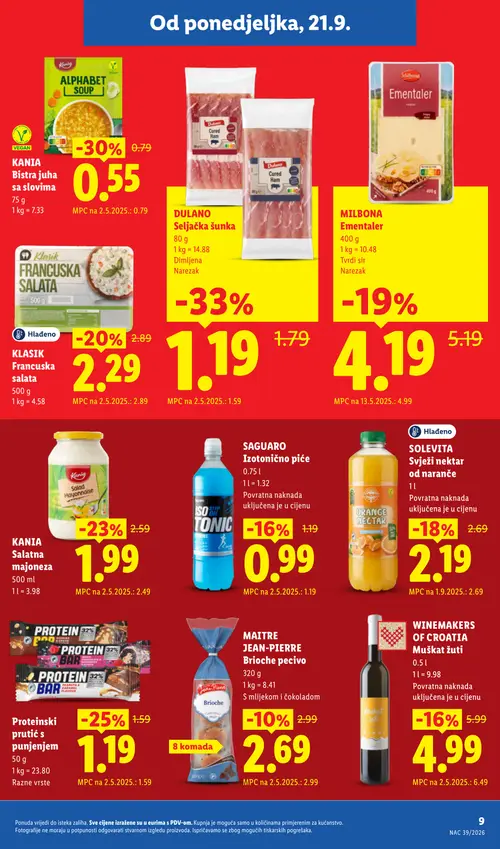 Lidl katalog — stranica 9: DULANO Seljačka šunka, KANIA Bistra juha sa slovima, Proteinski prutić s punjenjem, KANIA Salatna majoneza (vrijedi 05.10.–20.12.2026.)