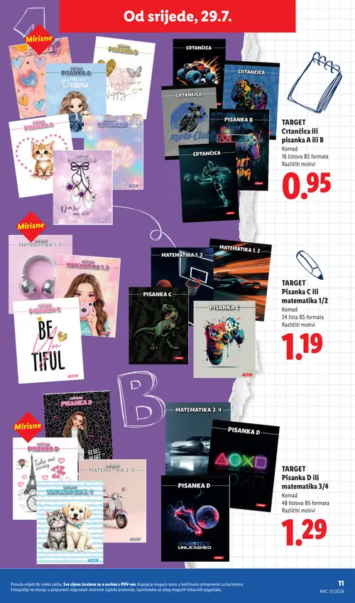 Lidl katalog — stranica 11: TARGET Crtančica ili pisanka A ili B, TARGET Pisanka C ili matematika 1/2, TARGET Pisanka D ili matematika 3/4 (vrijedi 29. 07. 2026.–01. 09. 2026.)