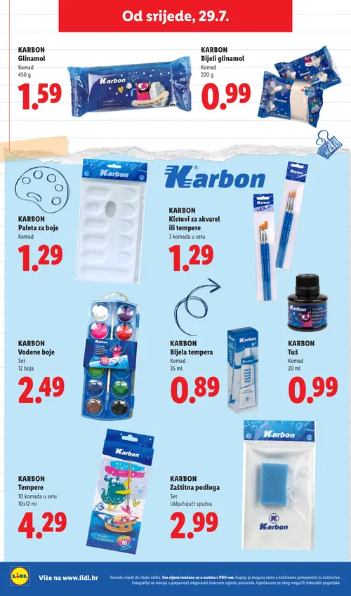 Lidl katalog — stranica 16: KARBON KARBON Glinamol, KARBON KARBON Bijeli glinamol, KARBON KARBON Paleta za boje, KARBON KARBON Kistovi za akvarel (vrijedi 29. 07. 2026.–01. 09. 2026.)