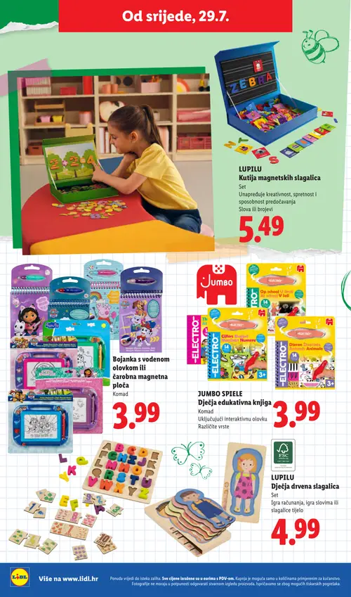 Lidl katalog — stranica 22: LUPILU Kutija magnetskih slagalica, Bojanka s vodenom olovkom ili čarobna magnetna ploča, JUMBO SPIELE Dječja edukativna knjiga, LUPILU Dječja drvena slagalica (vrijedi 29. 07. 2026.–01. 09. 2026.)