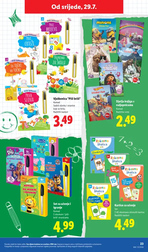 Lidl katalog — stranica 23: Vježbenica "Piši briši", Dječja knjiga s naljepnicama, Set za učenje i igranje, Kartice za učenje (vrijedi 29. 07. 2026.–01. 09. 2026.)