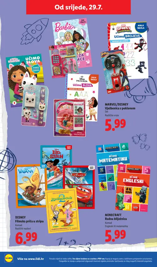 Lidl katalog — stranica 24: Barbie Princessa Učimo slova, Marvel Spidey Učimo brojeve, Marvel/Disney Set, Gabby's Dollhouse Set (vrijedi 29. 07. 2026.–01. 09. 2026.)