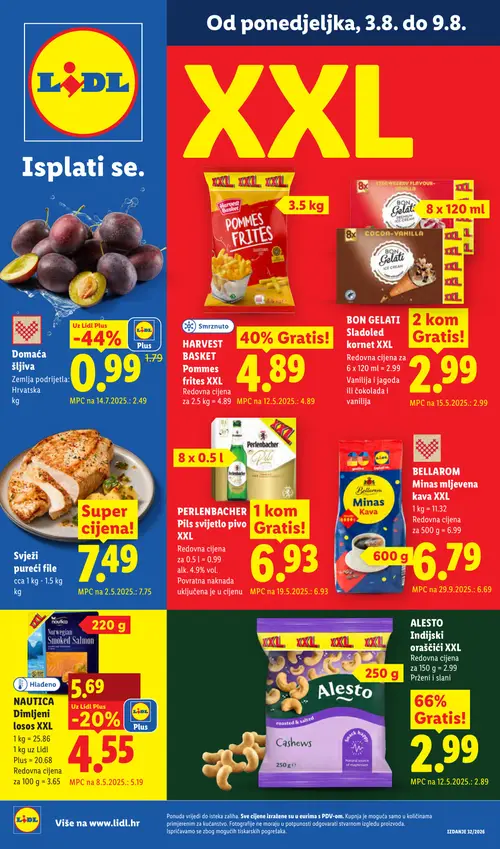 Lidl katalog — stranica 1: Domaća šljiva, NAUTICA NAUTICA Dimljeni losos XXL, Svježi pureći file, BELLAROM BELLAROM Minas mljevena kava XXL (vrijedi 03. 08. 2026.–09. 08. 2026.)