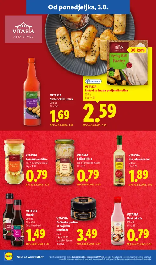 Lidl katalog — stranica 14: VITASIA VITASIA Ocat od riže, VITASIA VITASIA Bambusove klice, VITASIA VITASIA Listovi za izradu proljetnih rolice, VITASIA VITASIA Sojine klice (vrijedi 03. 08. 2026.–09. 08. 2026.)