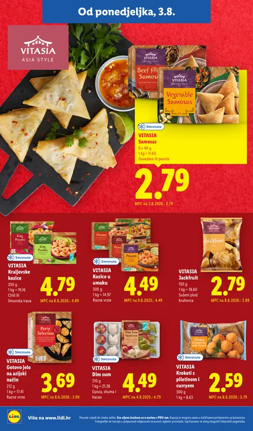 Lidl katalog — stranica 18: VITASIA VITASIA Gotovo jelo na azijski način Razne vrste, VITASIA VITASIA Kroketi s piletinom i curryem, VITASIA VITASIA Dim sum Gyoza, shuma i hacao, VITASIA VITASIA Jackfruit Sušeni plod kruhovca (vrijedi 03. 08. 2026.–09. 08. 2026.)