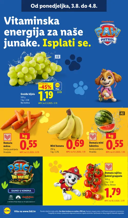 Lidl katalog — stranica 2: Domaća mini lubenica, Lidl Plus Grožđe bijelo, Mini banana, Domaća rajčica koktel grappolo (vrijedi 03. 08. 2026.–09. 08. 2026.)