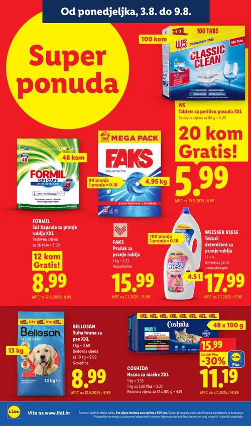 Lidl katalog — stranica 20: COSHIDA Hrana za mačke XXL, W5 Tablete za perilicu posuđa XXL, Bellosan Hrana za pse s govedinom (vrijedi 03. 08. 2026.–09. 08. 2026.)